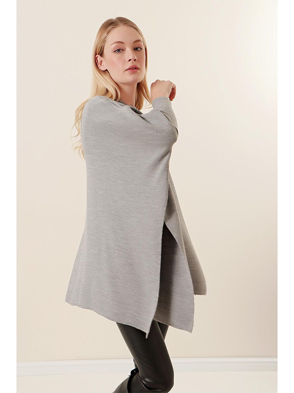 15783 Yırtmaçlı Panço Kazak - Gri-4