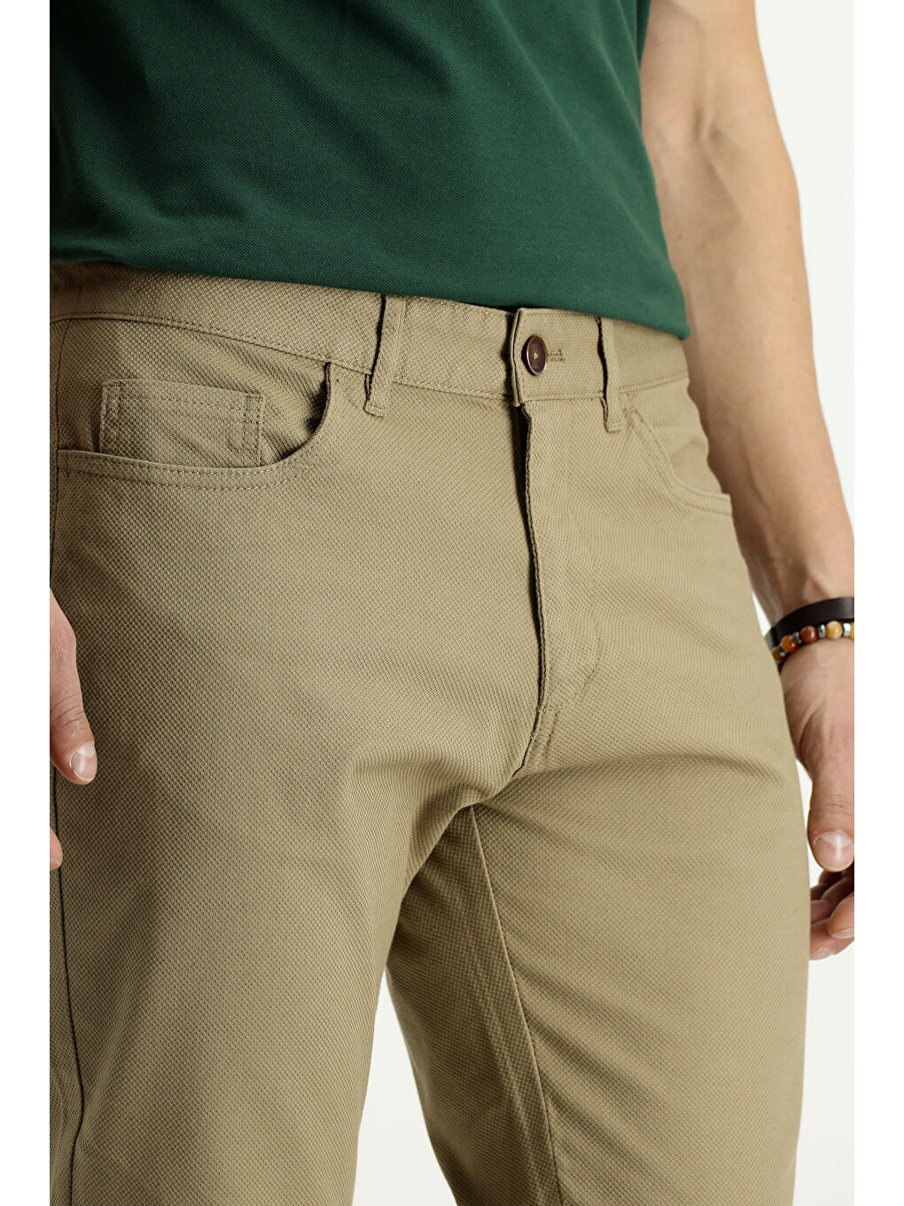 Bej Slim Fit Dar Kesim Elastanlı Desenli Kanvas / Chino Pantolon-4