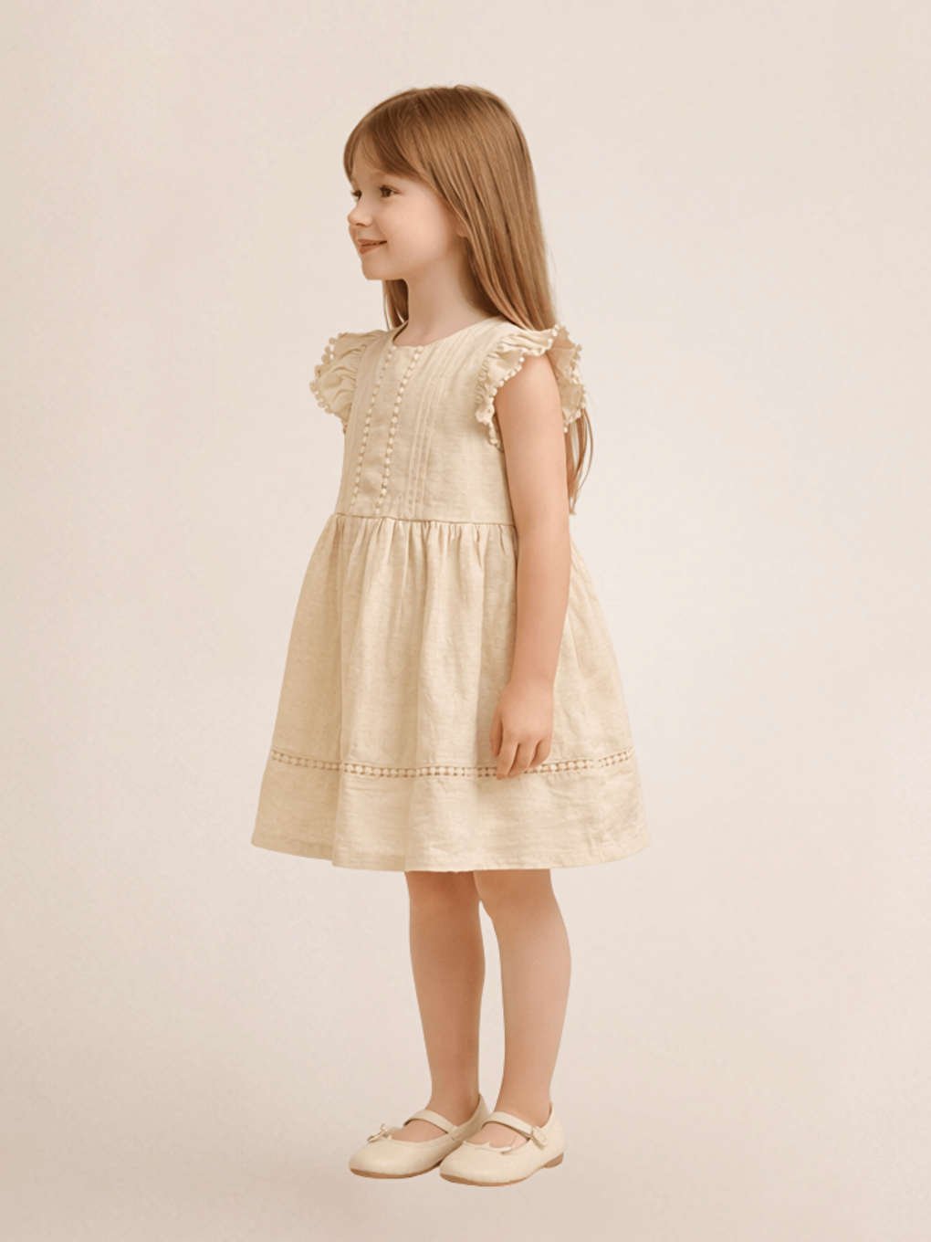Ekru Bisiklet Yaka Kız Çocuk Elbise-1