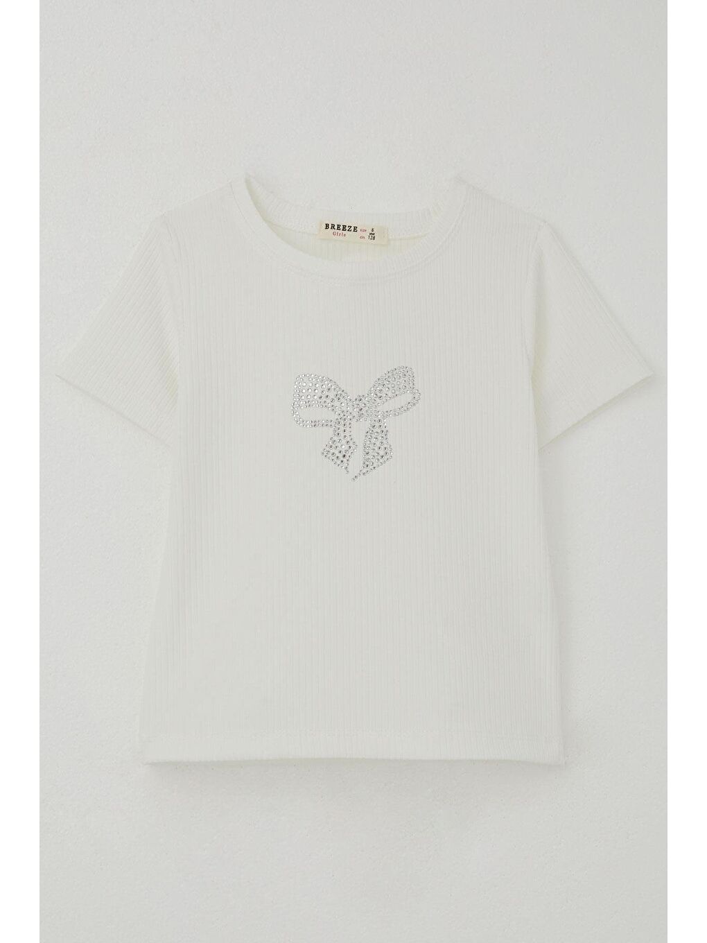 Kız Çocuk Tişört Taşlı Fiyonk Baskılı Ekru (8-14 Yaş)