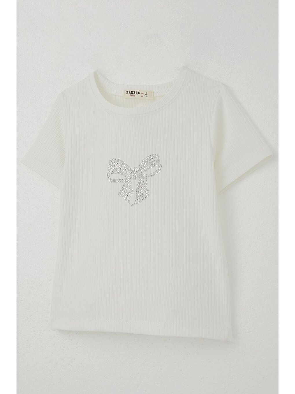 Kız Çocuk Tişört Taşlı Fiyonk Baskılı Ekru (8-14 Yaş)-2