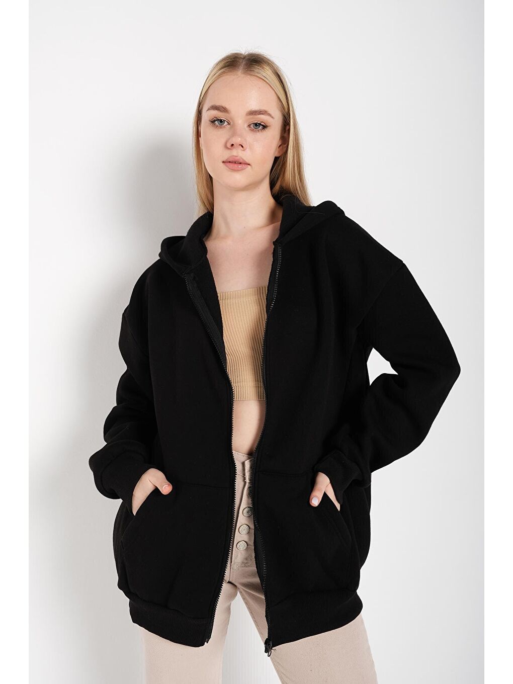 Trendseninle Siyah Kadın Siyah Oversize Sweatshırt Fermuarlı - 1