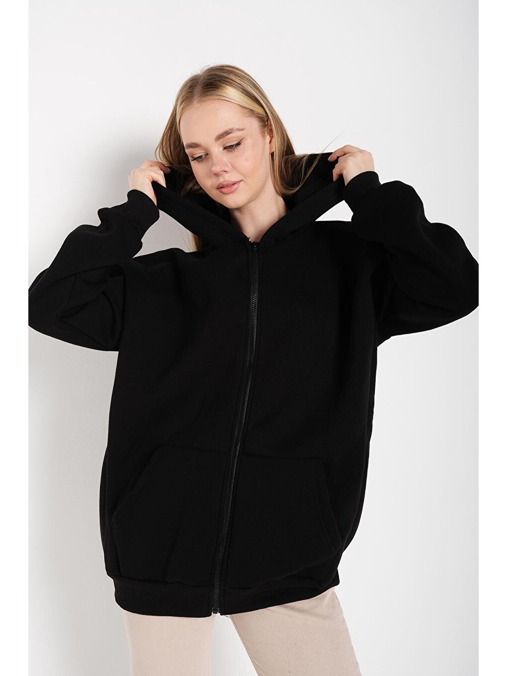 Trendseninle Siyah Kadın Siyah Oversize Sweatshırt Fermuarlı - 2