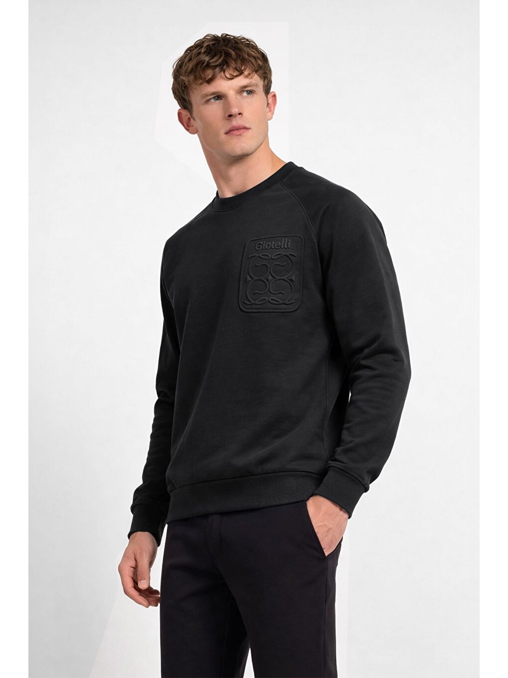 Giotelli Erkek Siyah Normal Kesim Regular Fit %100 Pamuk Örme Bisiklet Yaka Sweatshirt-2