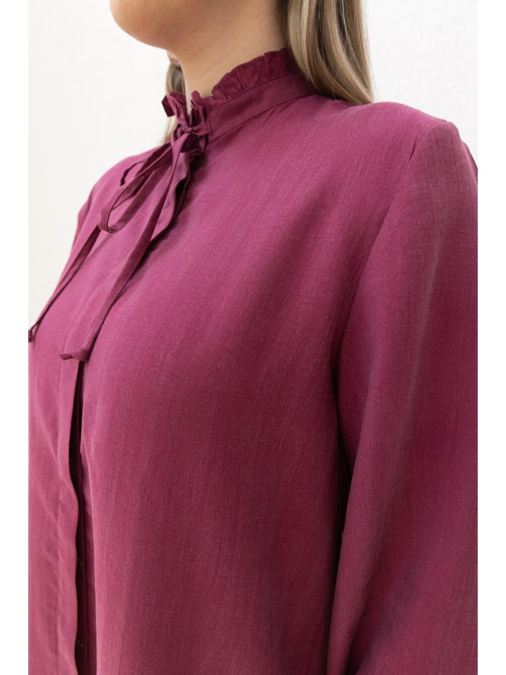 Kırmızı Vişne-Yakası Fırfırlı Bağcıklı Uzun Gömlek-2