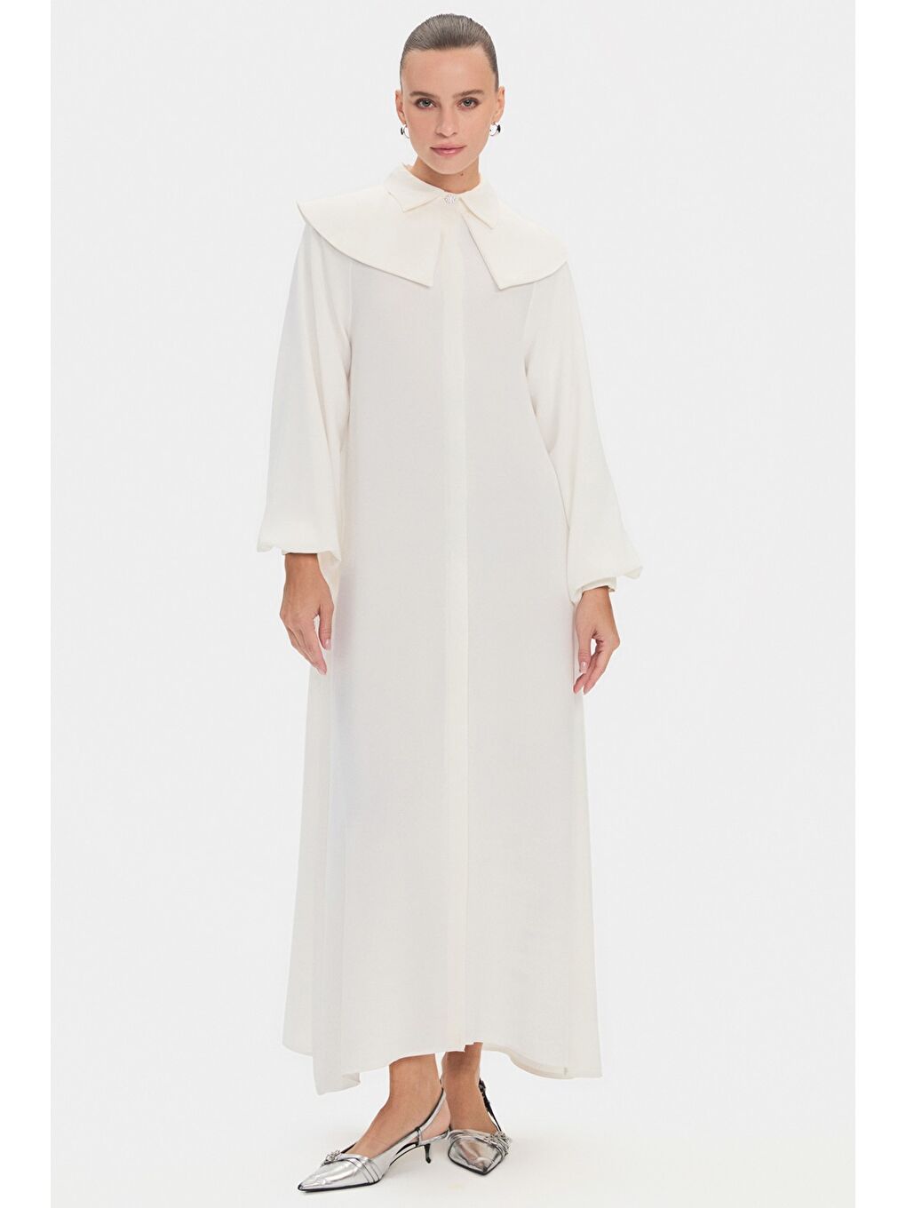 Ekru Kadın Bebe Yaka Balon Kol Belden Bağlama Detaylı Maxi Elbise