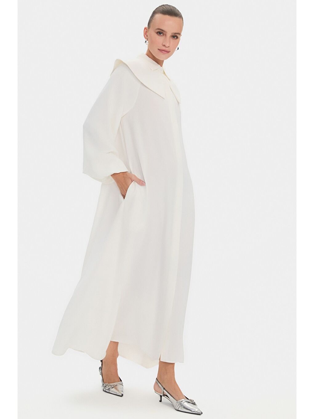 Ekru Kadın Bebe Yaka Balon Kol Belden Bağlama Detaylı Maxi Elbise-1