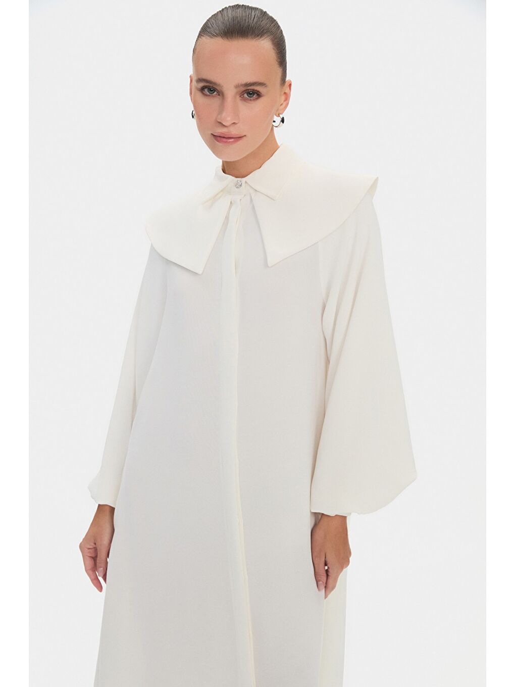 Ekru Kadın Bebe Yaka Balon Kol Belden Bağlama Detaylı Maxi Elbise-2