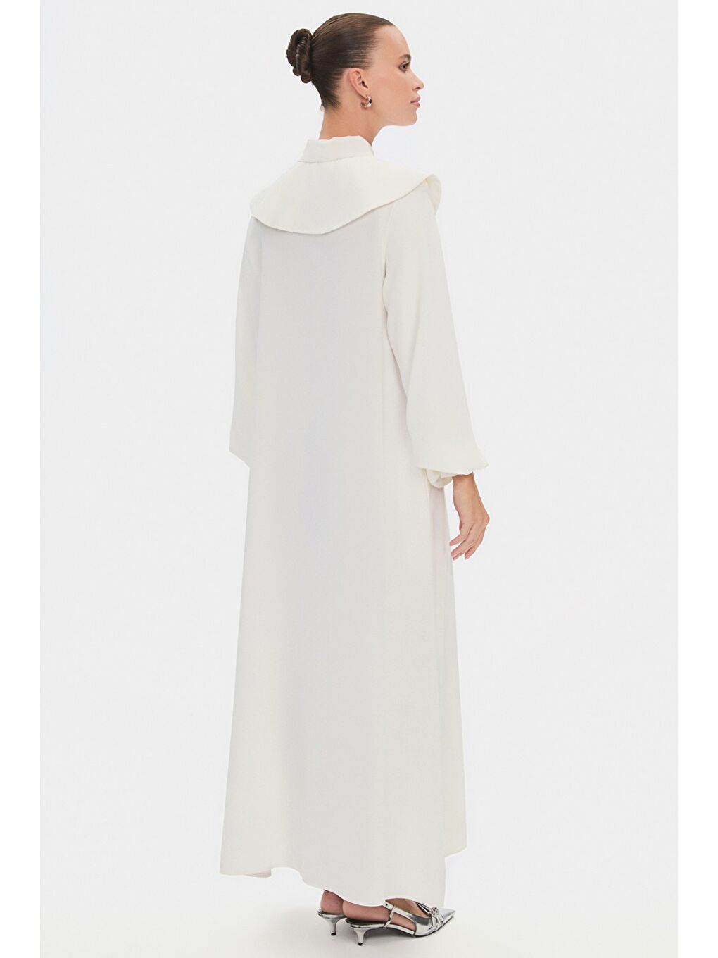 Ekru Kadın Bebe Yaka Balon Kol Belden Bağlama Detaylı Maxi Elbise-3