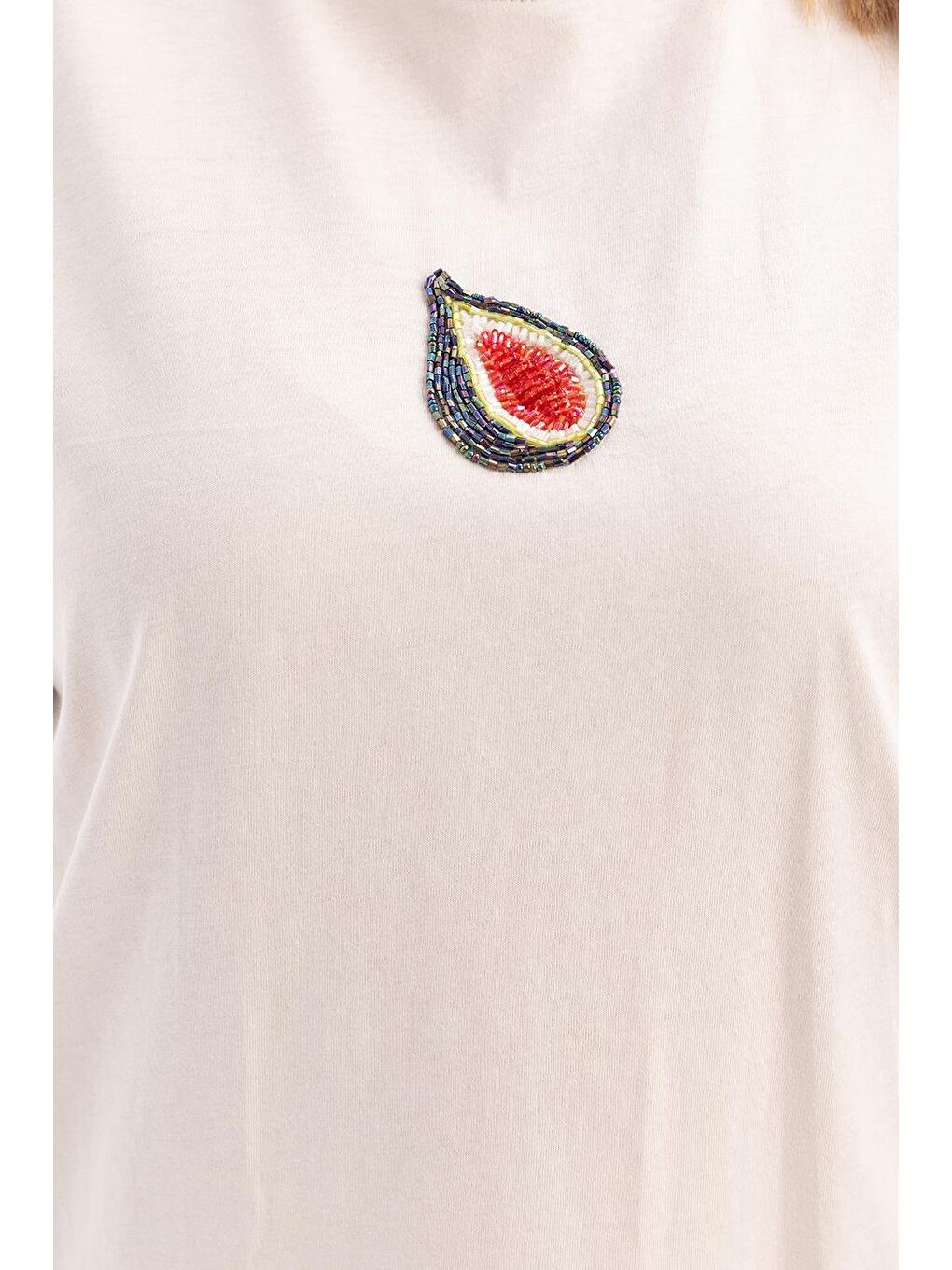 Bej Taş-Kısa Kollu Nakış Detaylı Süprem Tshirt-4