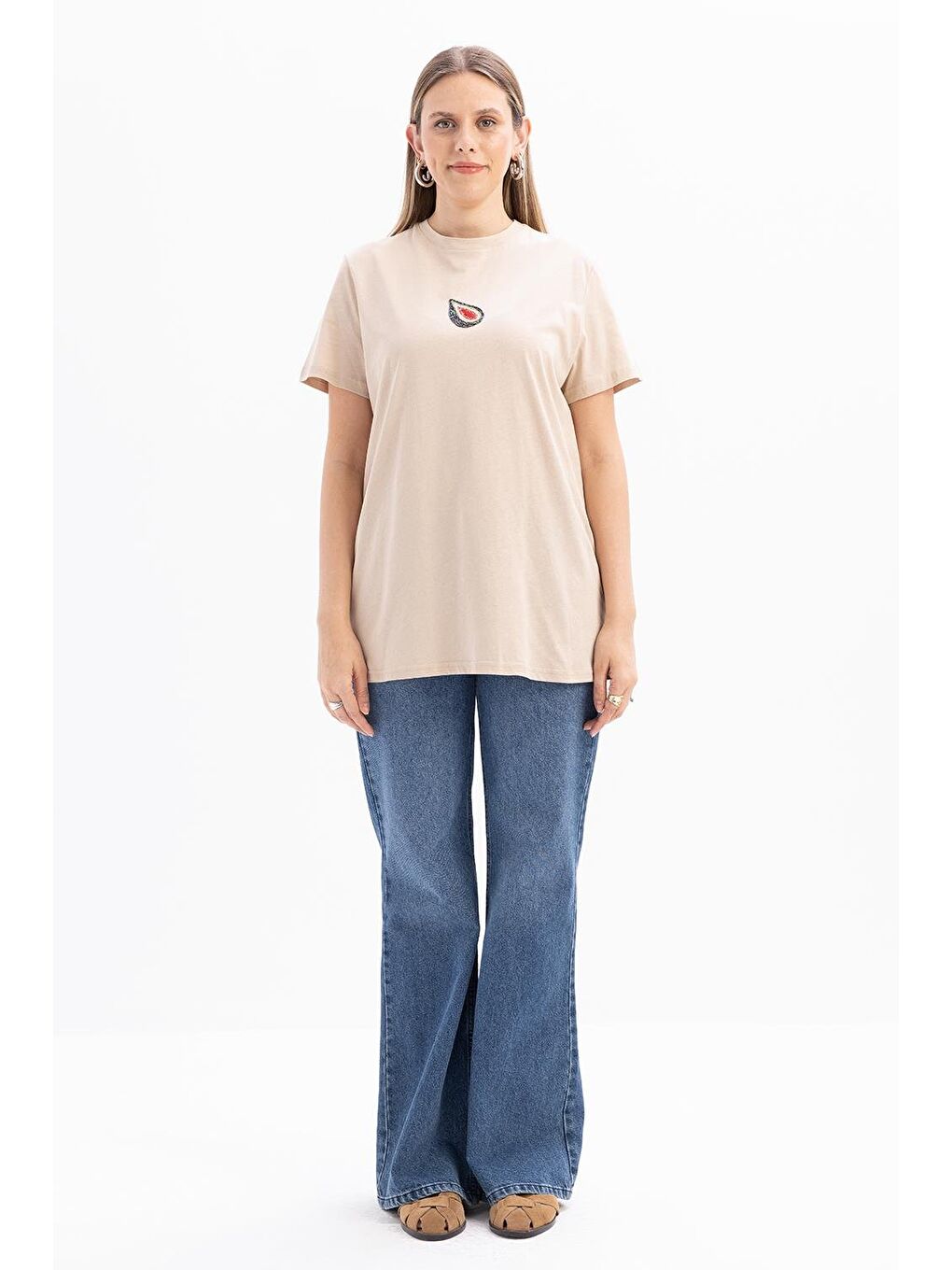 Bej-Kısa Kollu Nakış Detaylı Süprem Tshirt-1