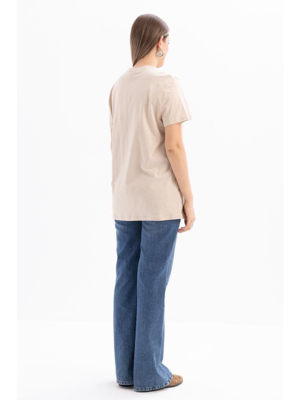 Bej-Kısa Kollu Nakış Detaylı Süprem Tshirt-3