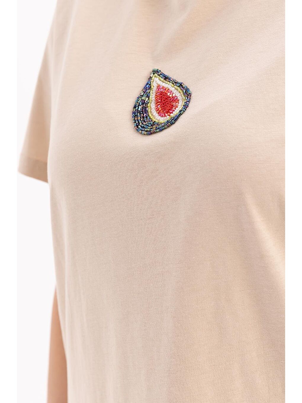 Bej-Kısa Kollu Nakış Detaylı Süprem Tshirt-4
