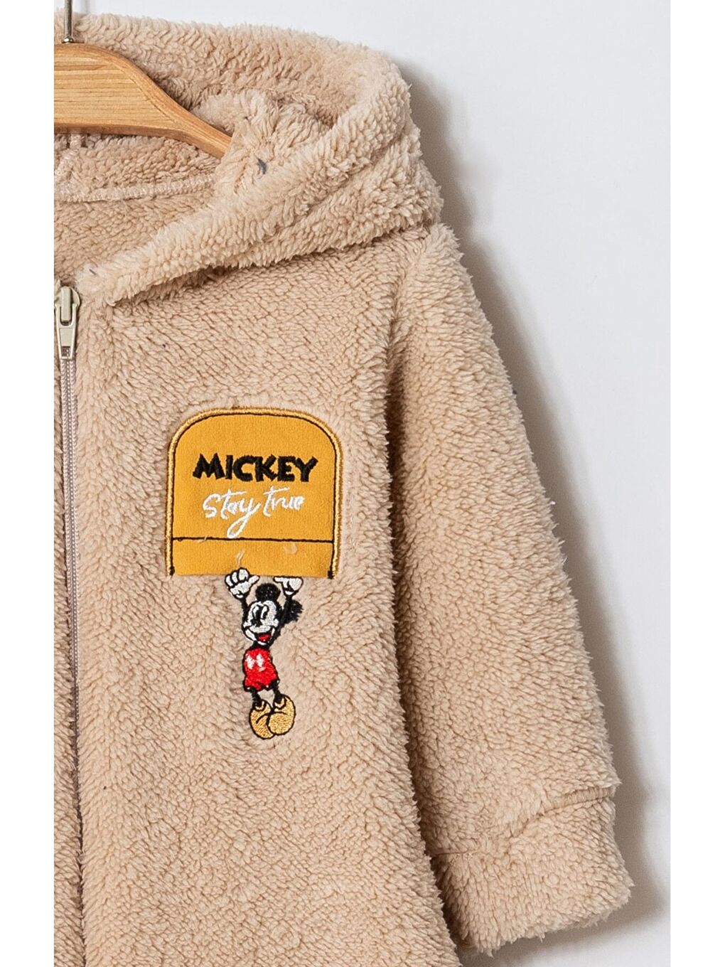 Bej Kışlık Tatlı Welsoft Mickey Nakışlı Fermuarlı Kapüşonlu Bebek Tulum-1