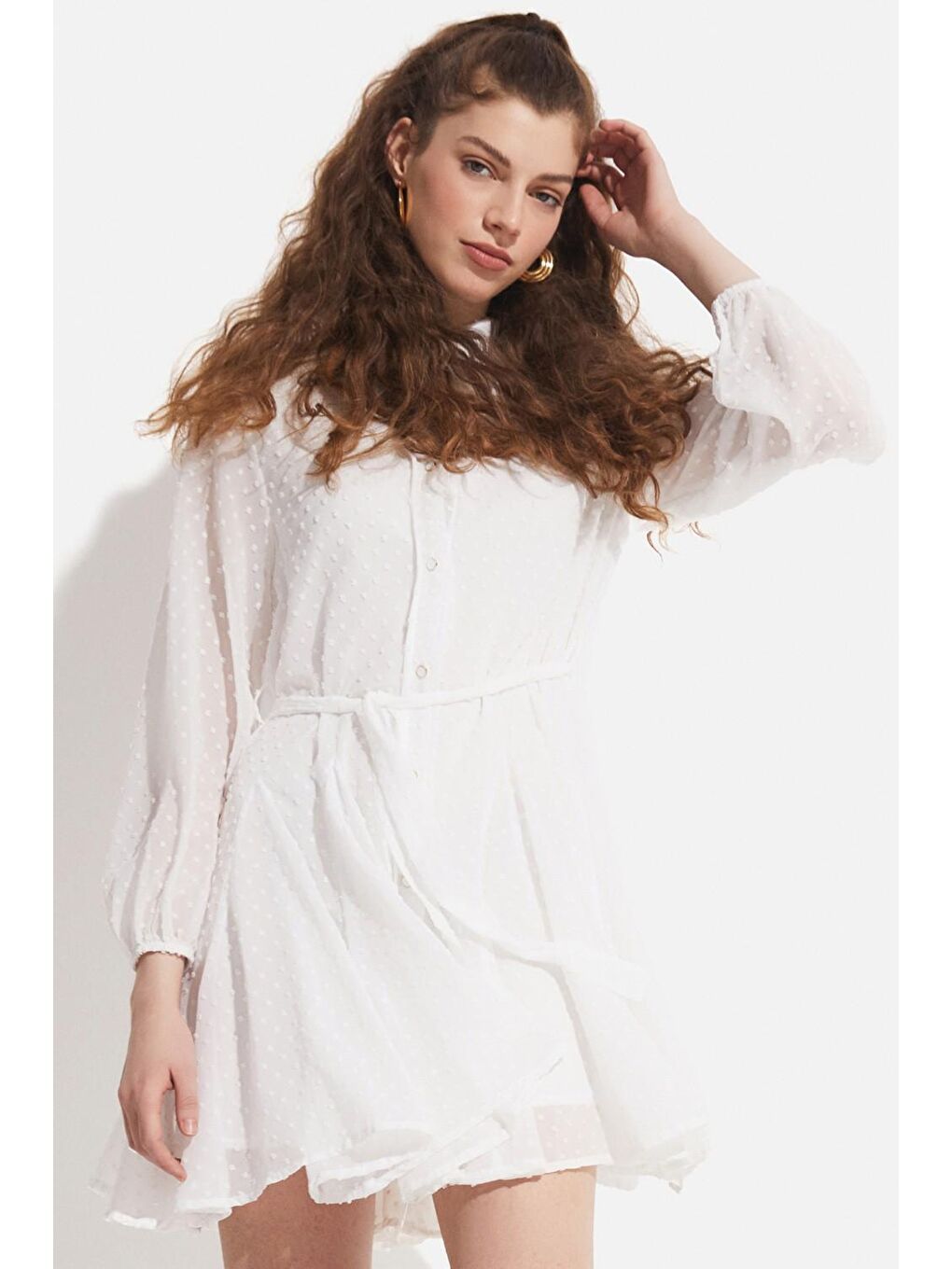 Beyaz Desenli Önden Düğme Kapamalı Elbise