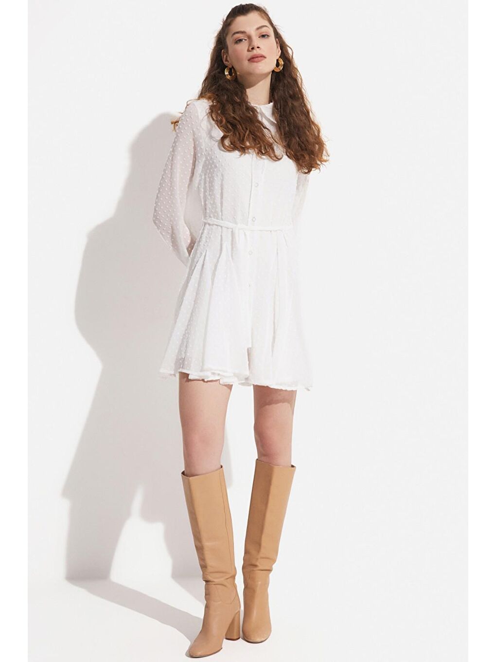 Beyaz Desenli Önden Düğme Kapamalı Elbise-4