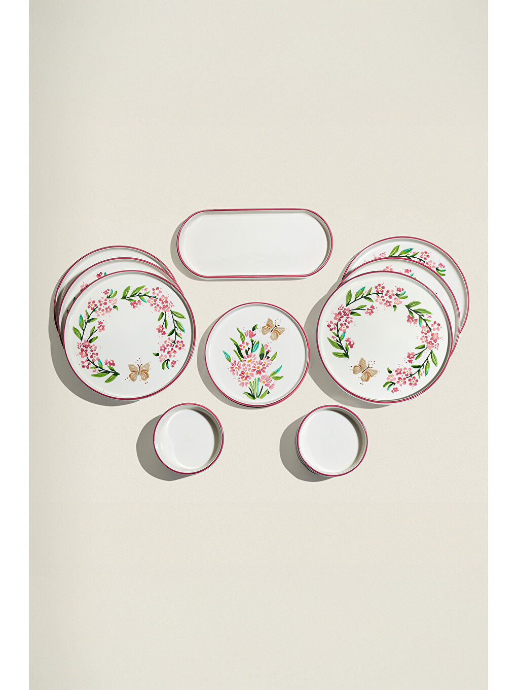 Pembe Pink Butterfly 6 Kişilik 13 Parça Seramik Kahvaltı Takımı-3