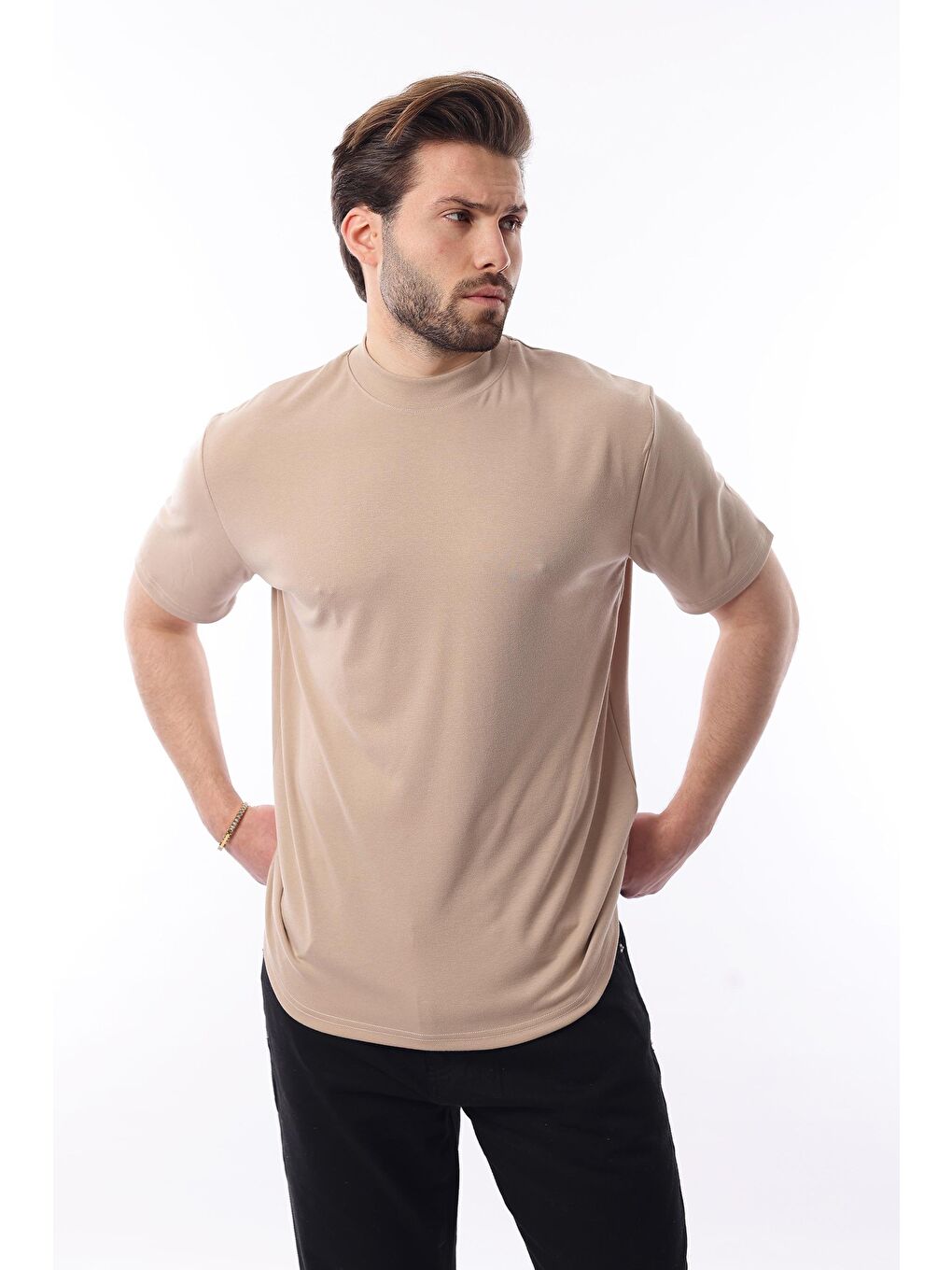 Bej Bisiklet Yaka Basic Erkek Tişört E7113-1