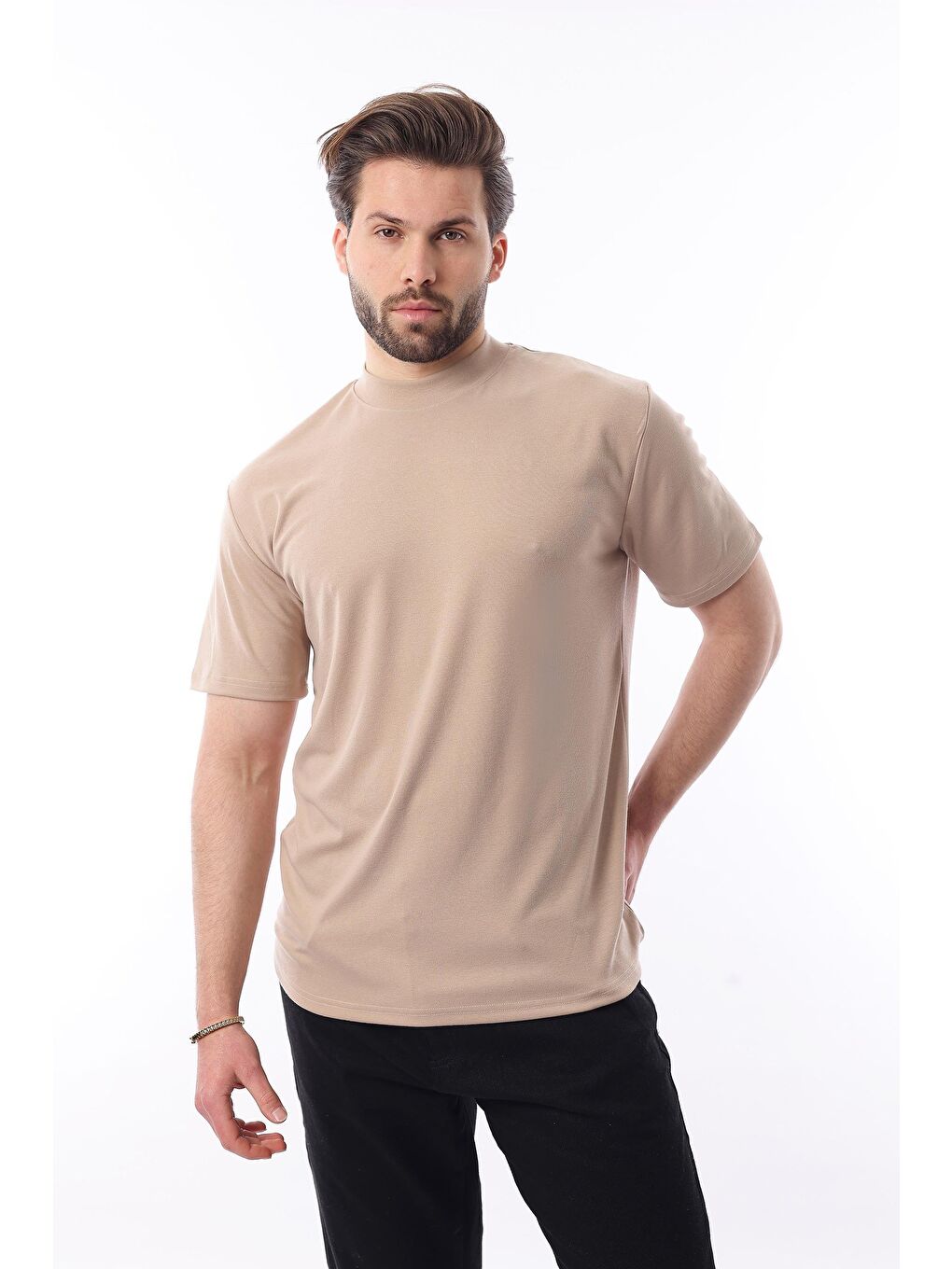 Bej Bisiklet Yaka Basic Erkek Tişört E7113-2