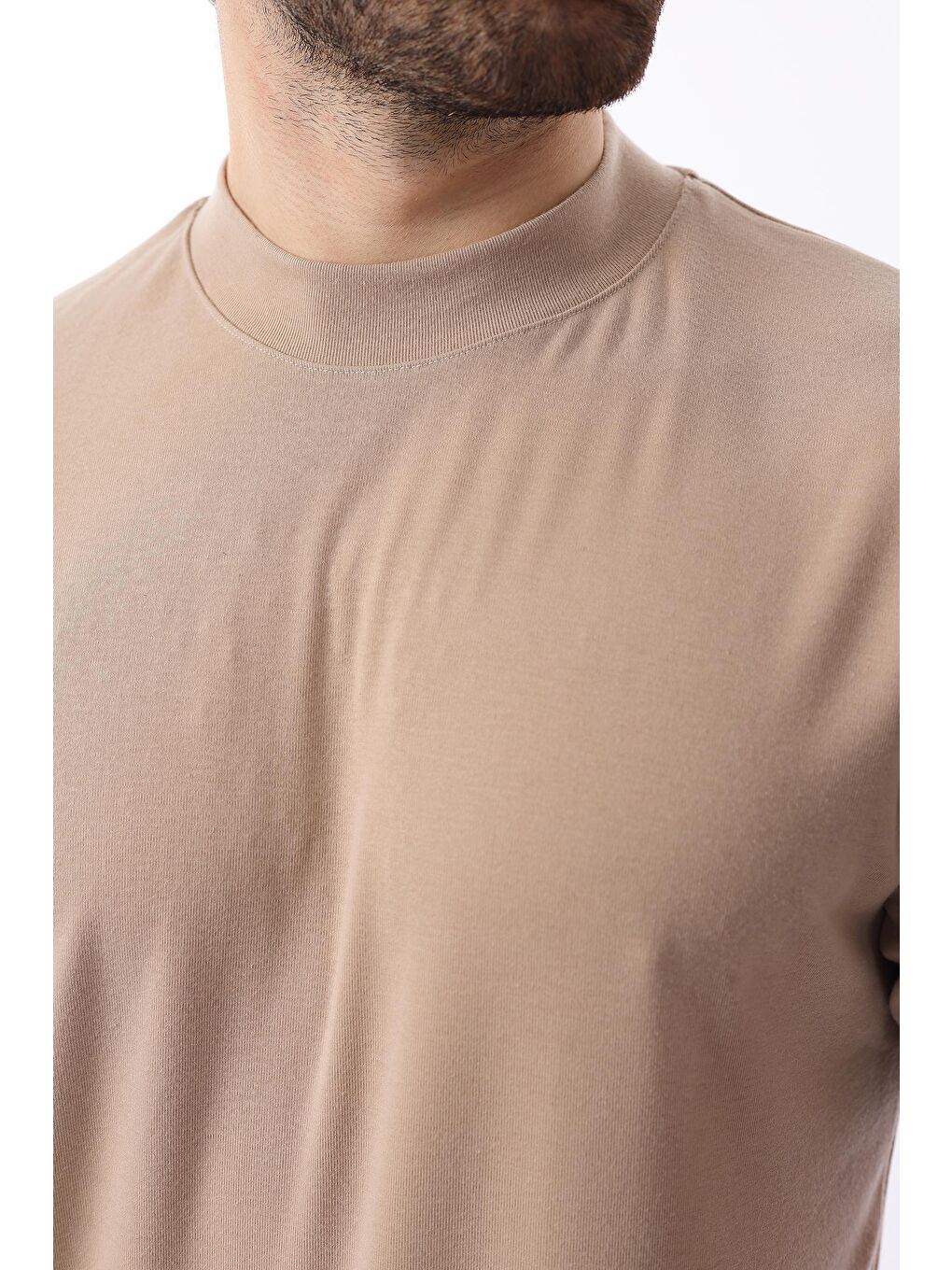 Bej Bisiklet Yaka Basic Erkek Tişört E7113-3