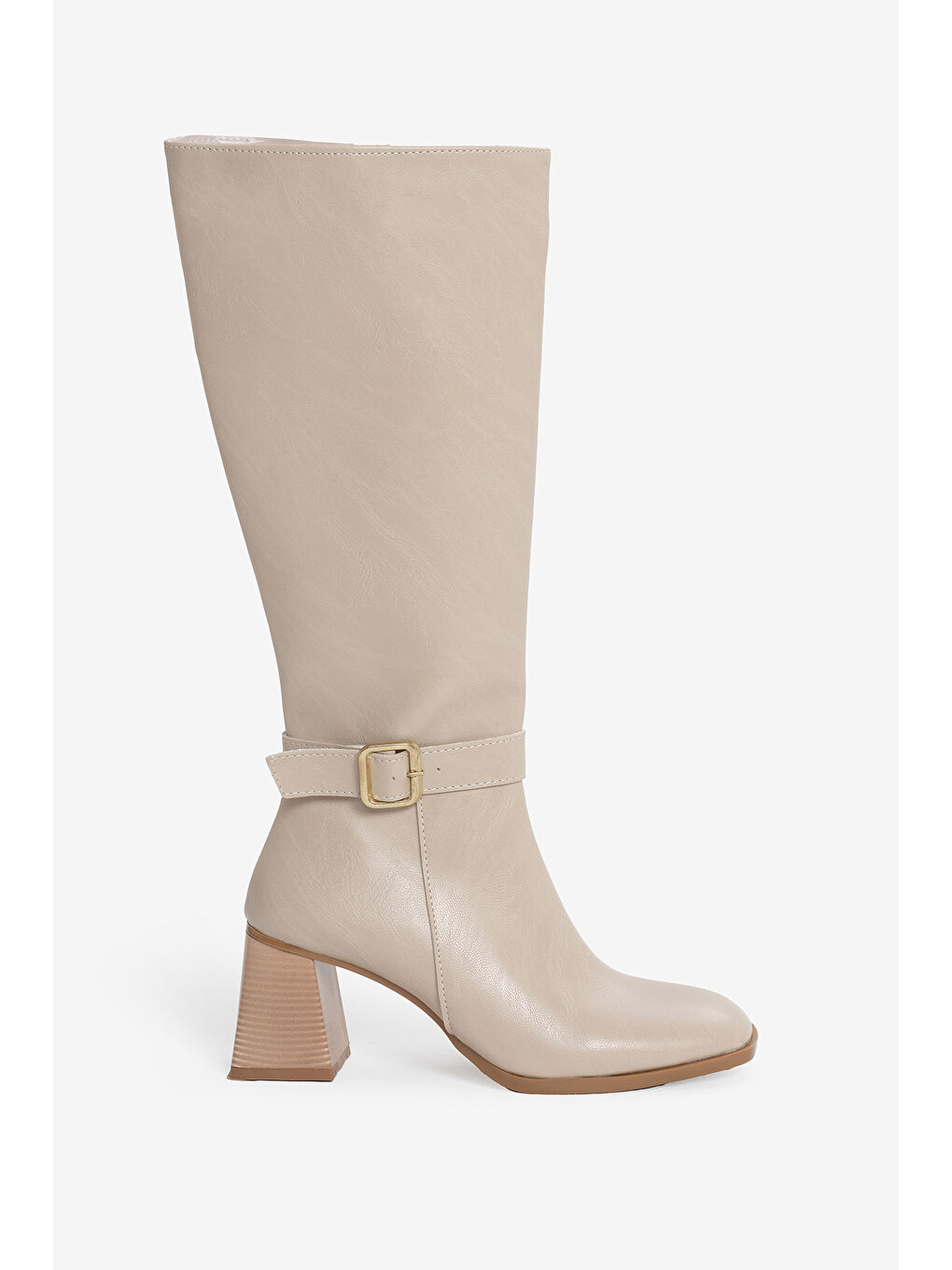 Kadın Bej TPU Taban Tokalı Fermuarlı Diz Altı Topuklu Çizme