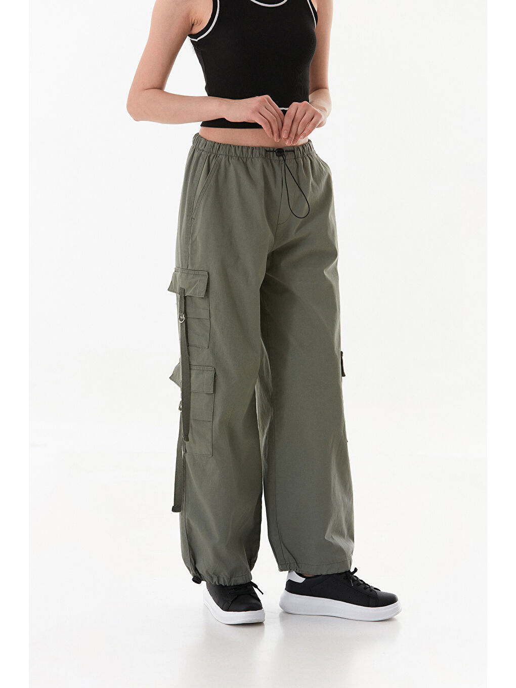 Haki Beli Ve Paçası Stoperli Kargo Cepli Gabardin Pantolon-1