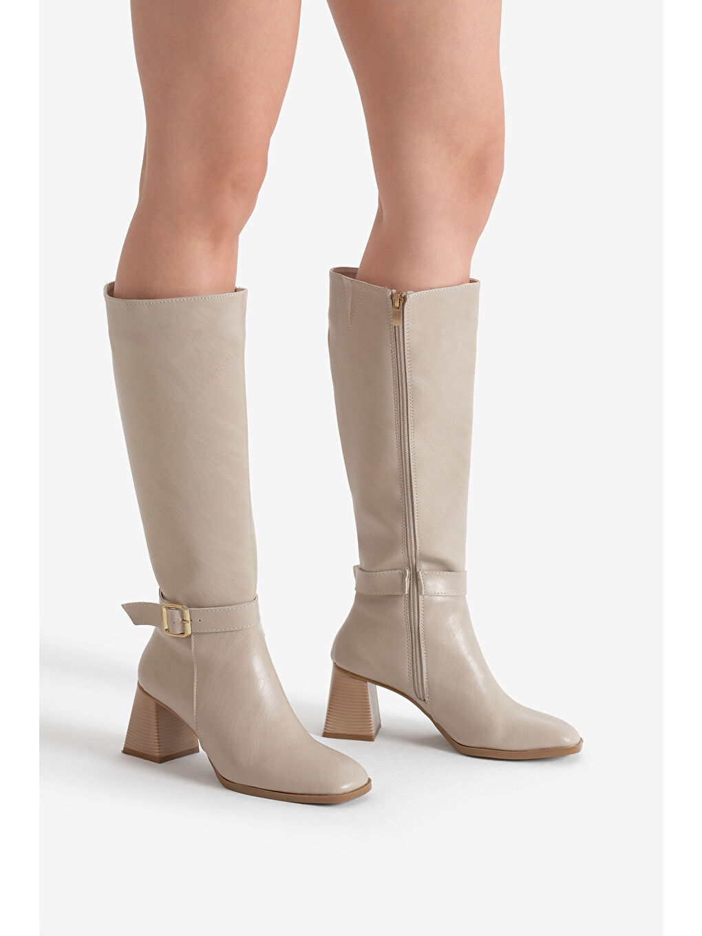 Kadın Bej TPU Taban Tokalı Fermuarlı Diz Altı Topuklu Çizme-1