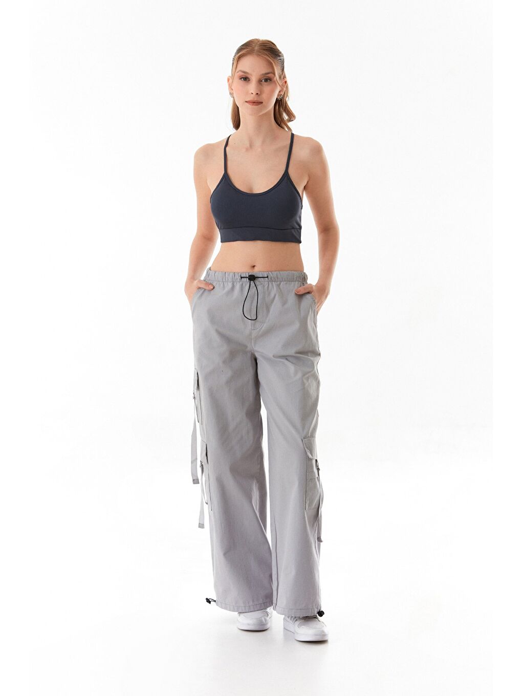 Gri Beli Ve Paçası Stoperli Kargo Cepli Gabardin Pantolon-1