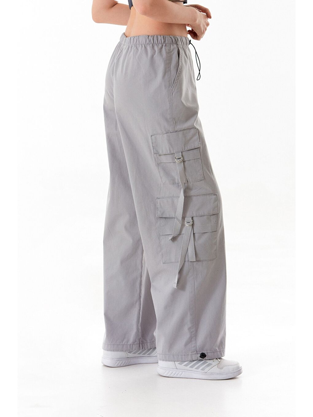 Gri Beli Ve Paçası Stoperli Kargo Cepli Gabardin Pantolon-3