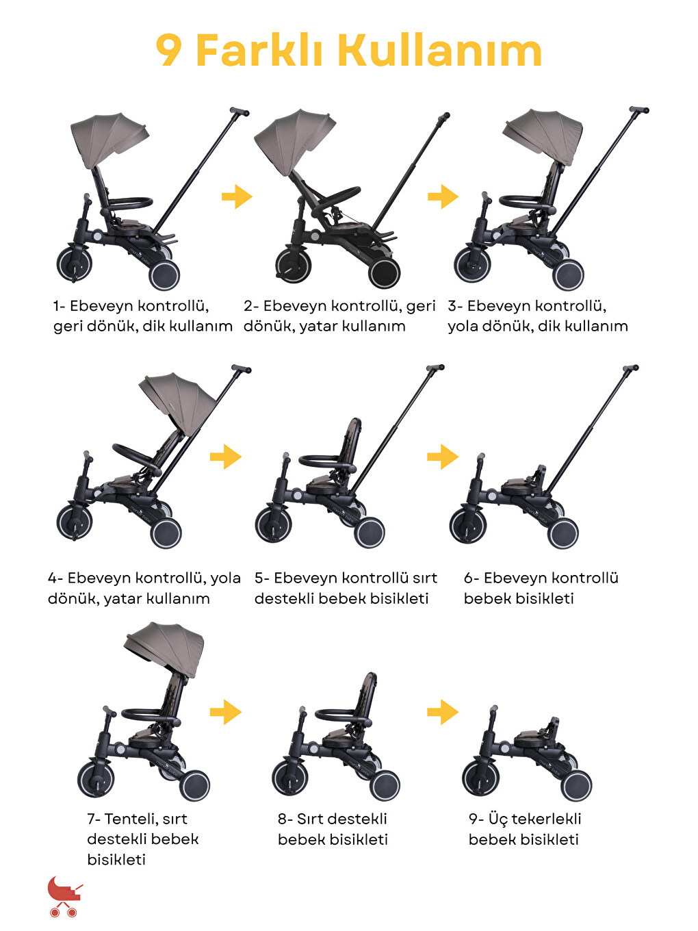 Merkür Bebe 9in1 Hawk Çift Yönlü Katlanabilir Yatabilir Ayak Destekli Bebek Ve Çocuk Bisikleti-1