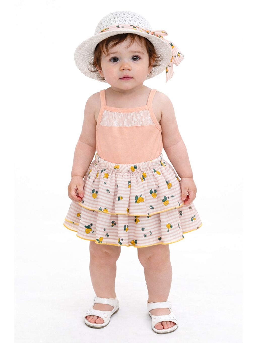 Turuncu Tatlı Kız Bebek Limon Desenli Tarz Etekli Takım Şapkalı 3’lü Kombin İçi Zıbınlı