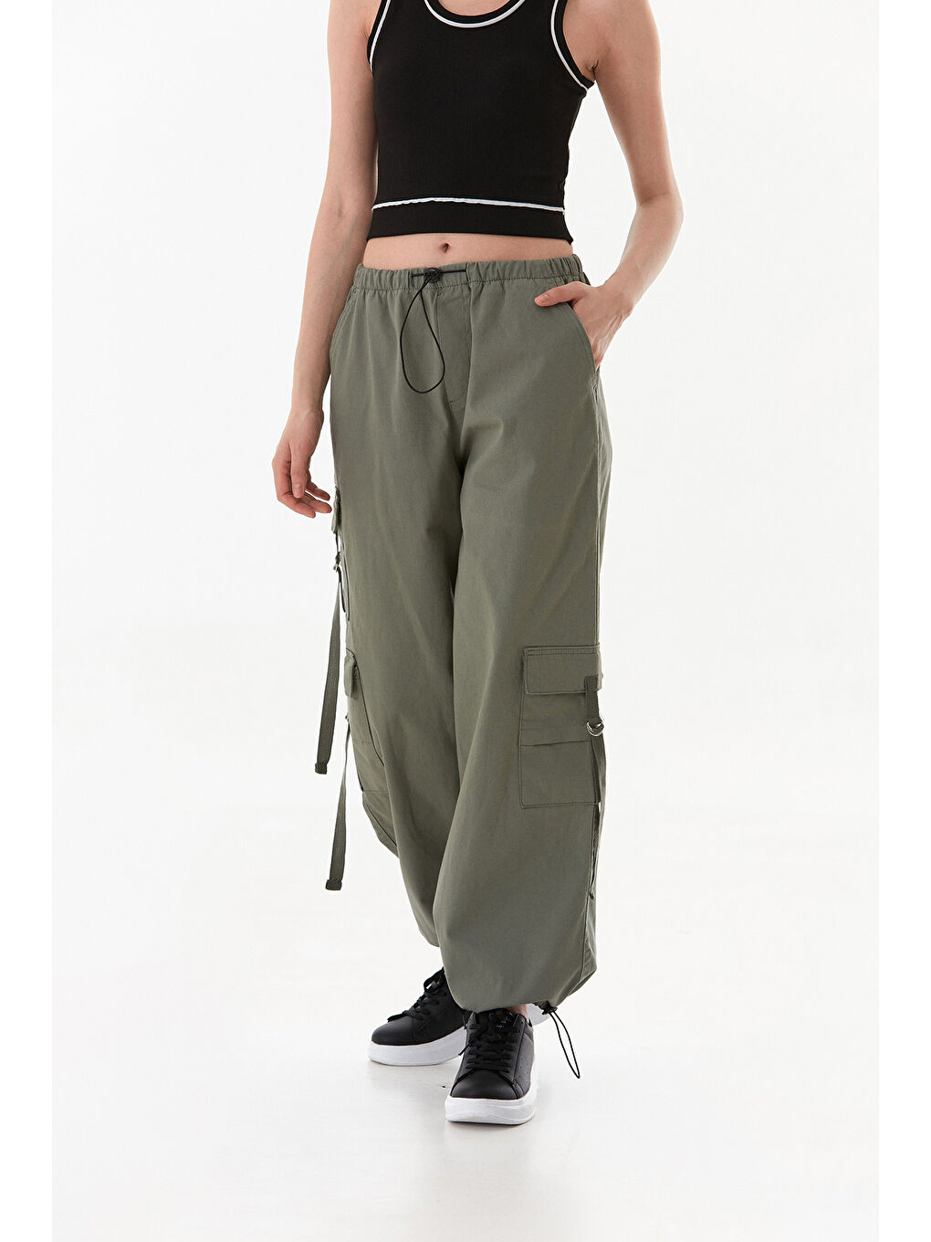 Haki Beli Ve Paçası Stoperli Kargo Cepli Gabardin Pantolon-4