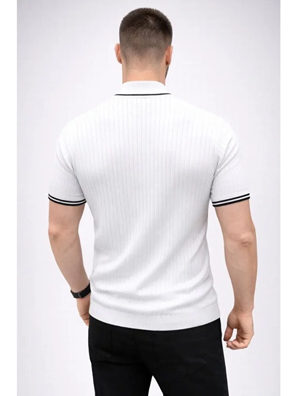 Beyaz Erkek Fitilli Triko Dokuma Kısa Kol Tişört-2