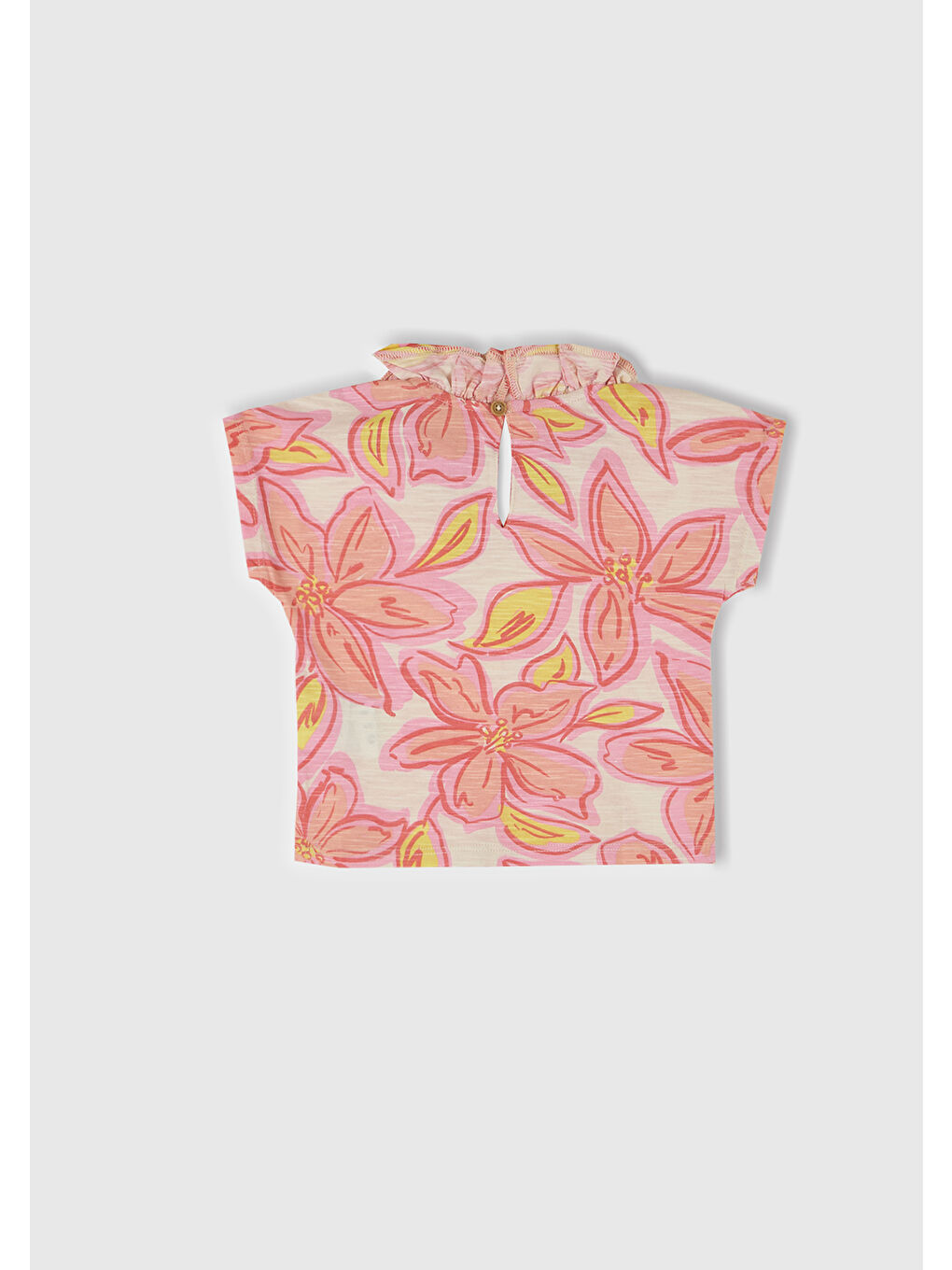 Bej Bebek Yavruağzı Tamamı Desenli Yakası Fırfırlı Kimono Kol T-Shirt-2