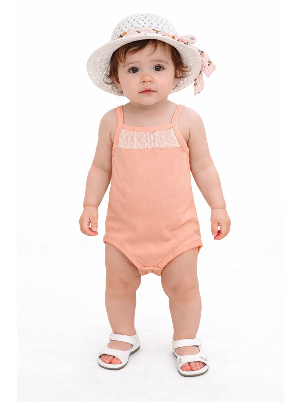 Turuncu Tatlı Kız Bebek Limon Desenli Tarz Etekli Takım Şapkalı 3’lü Kombin İçi Zıbınlı-1