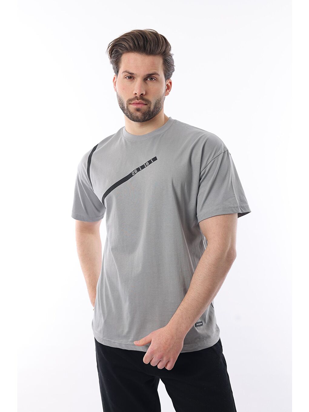 Boyalı Gri Bisiklet Yaka Şerit Detaylı Pamuklu Erkek %100 Pamuk Tişört E7033