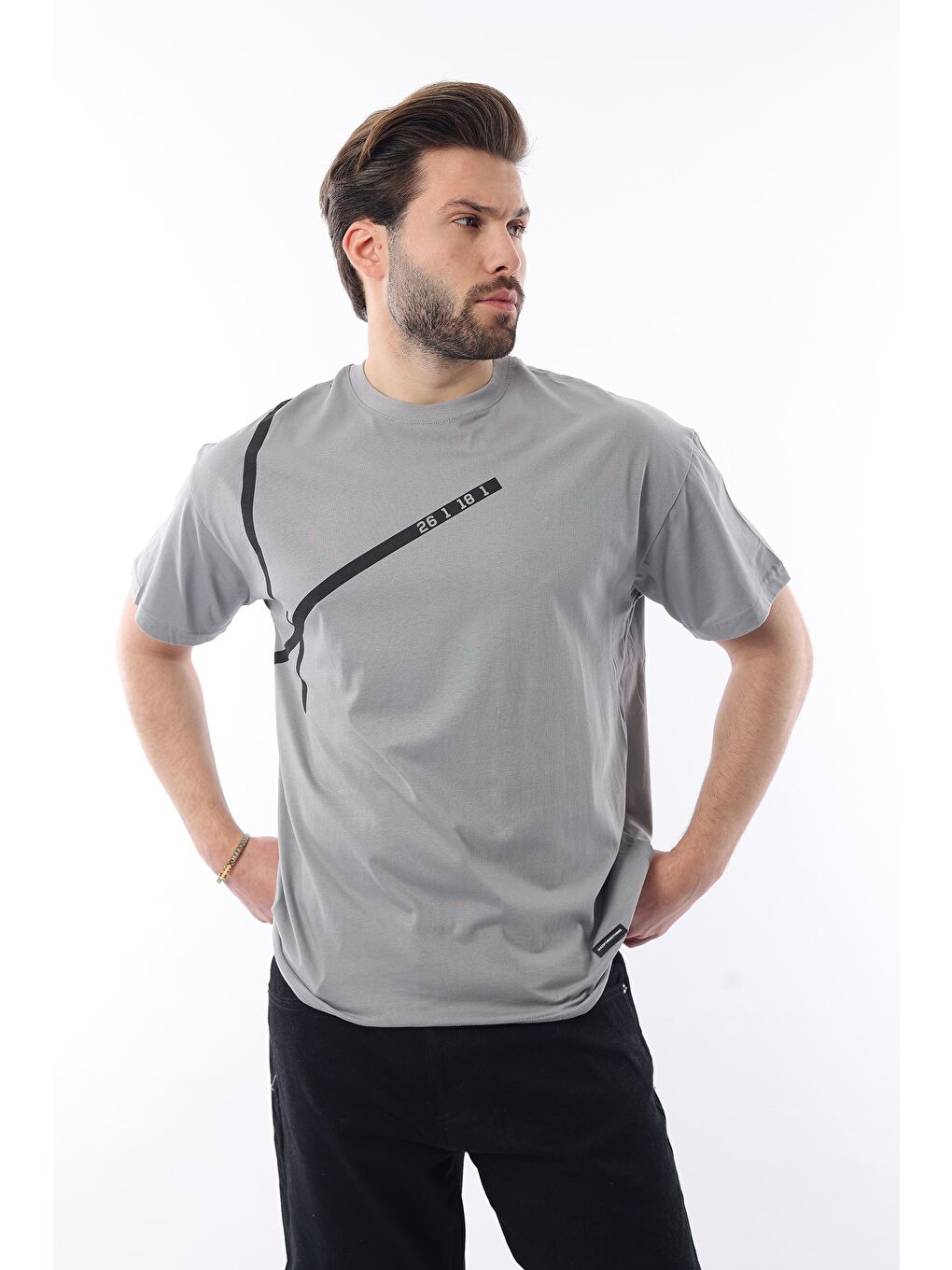 Boyalı Gri Bisiklet Yaka Şerit Detaylı Pamuklu Erkek %100 Pamuk Tişört E7033-1