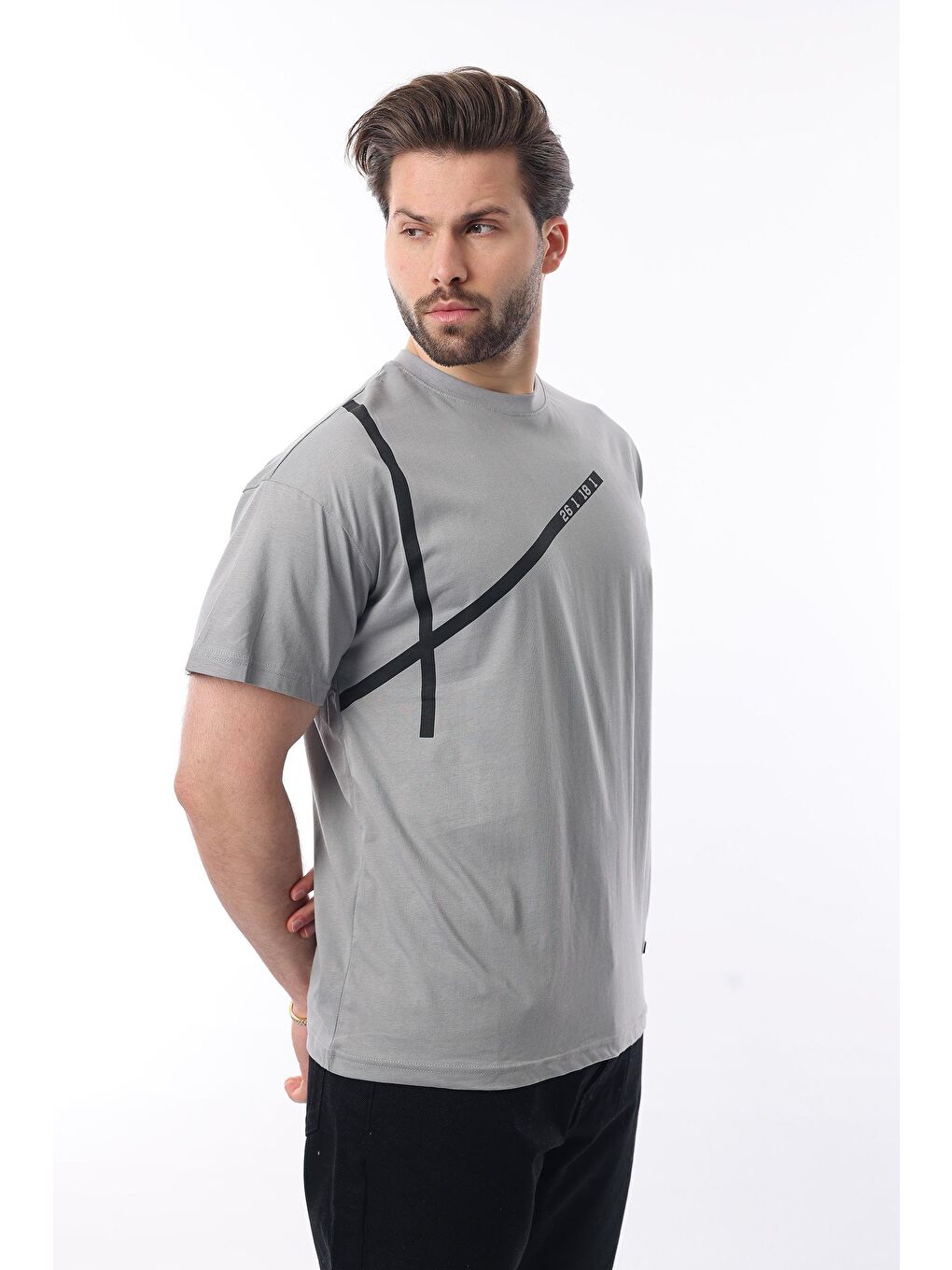 Boyalı Gri Bisiklet Yaka Şerit Detaylı Pamuklu Erkek %100 Pamuk Tişört E7033-2