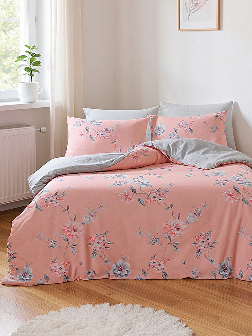 Pembe Çift Kişilik Lucia Desen Yumuşak Dokulu 4 Parça Nevresim Takımı % 100 Pamuk Coral