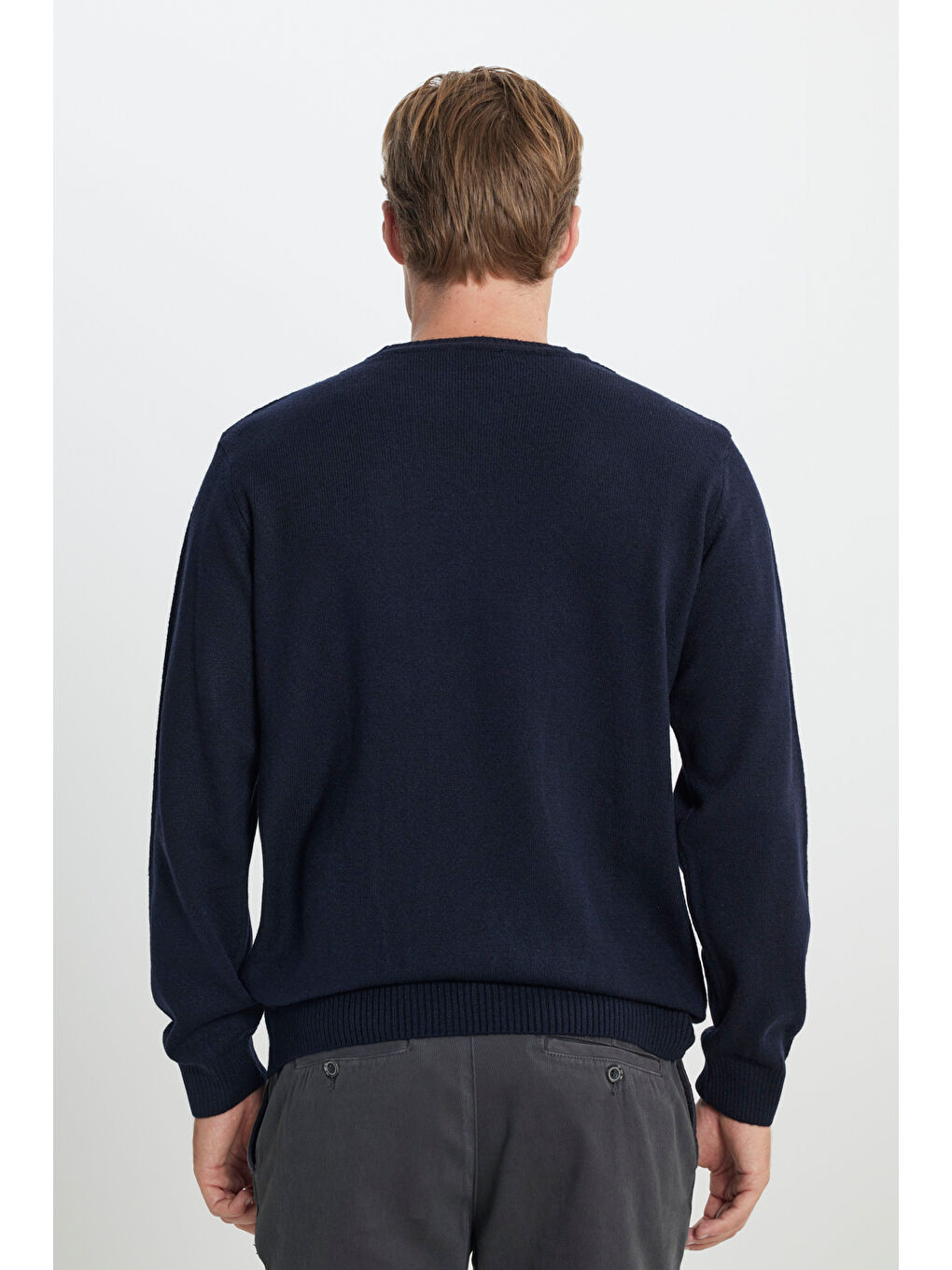 Erkek Lacivert Standart Fit Normal Kesim Bisiklet Yaka Saç Örgülü Triko Kazak-4