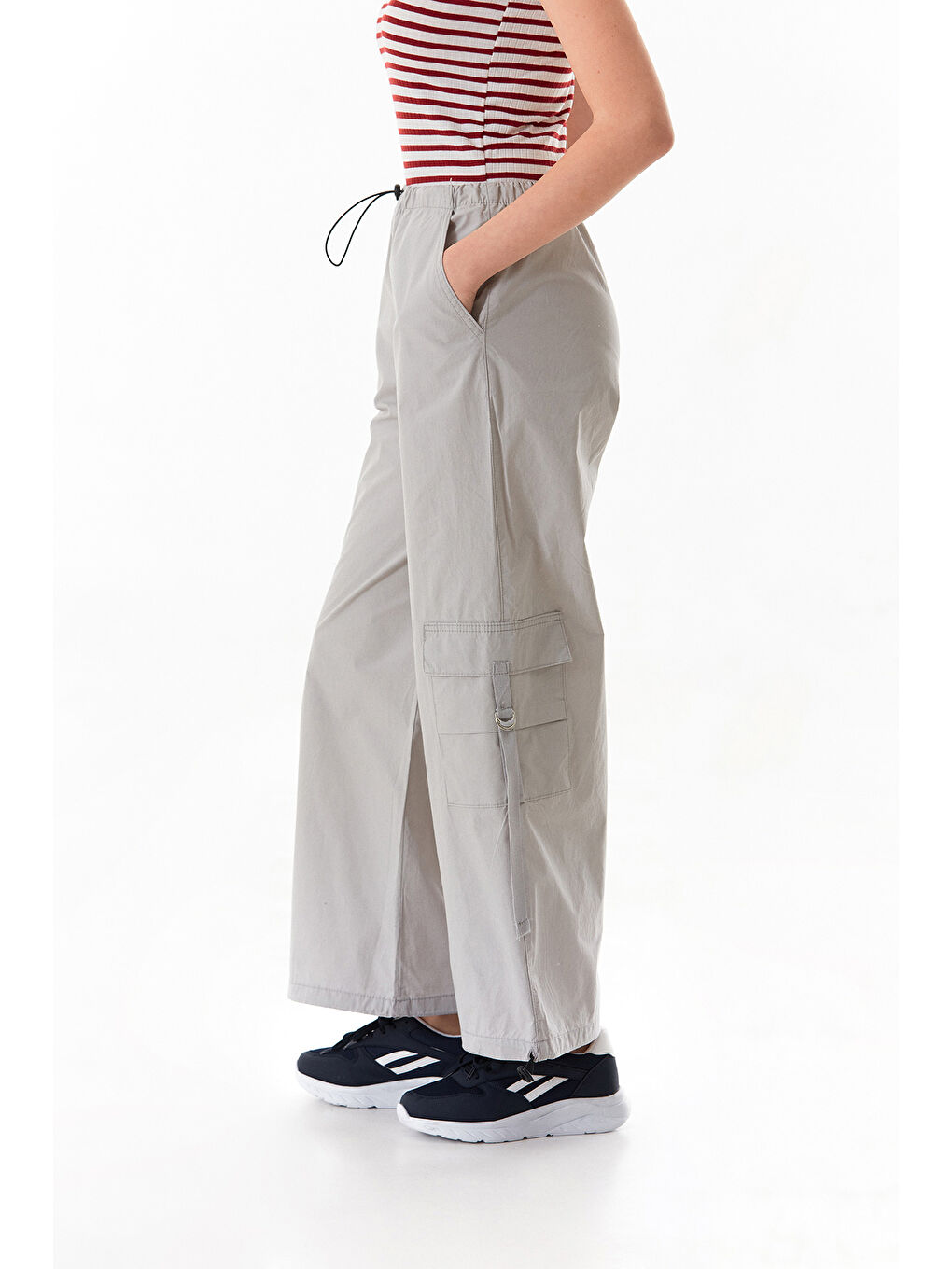 Gri Beli Lastikli Kargo Cepli Stoperli Paraşüt Kumaş Pantolon-1