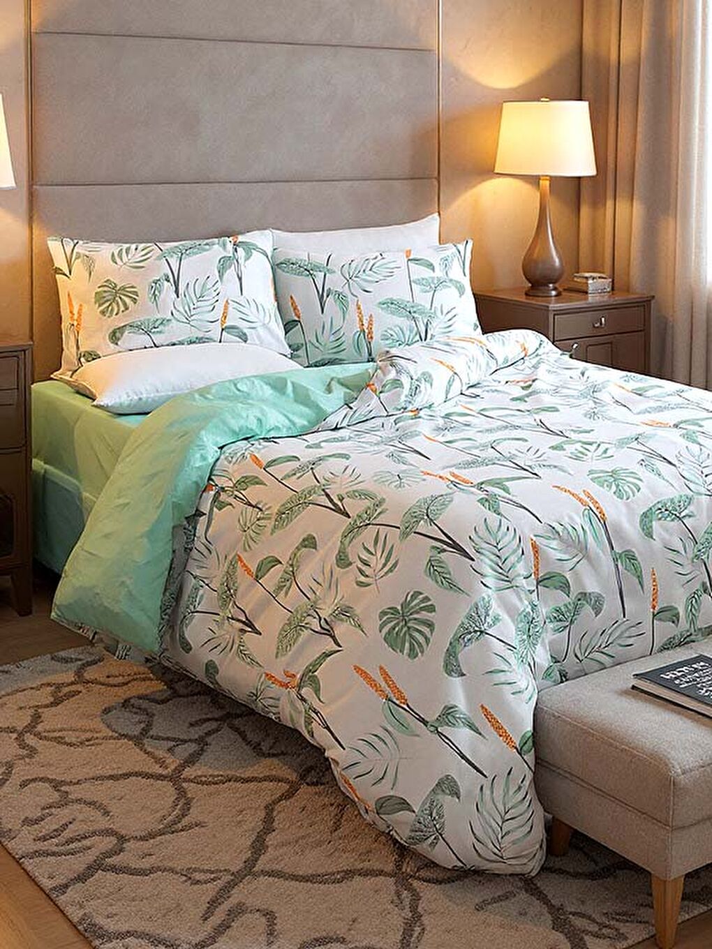 Çift Kişilik Açelya Flore Desen Yumuşak Dokulu 4 Parça Nevresim Takımı % 100 Pamuk Yeşil