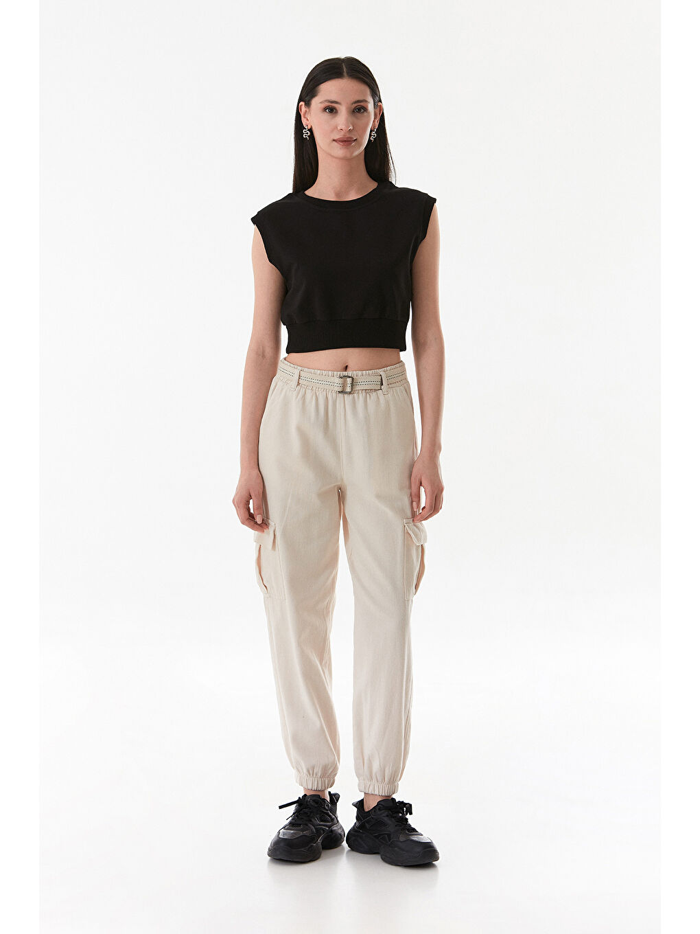 Bej Kemerli Kargo Cepli Jogger Pantolon