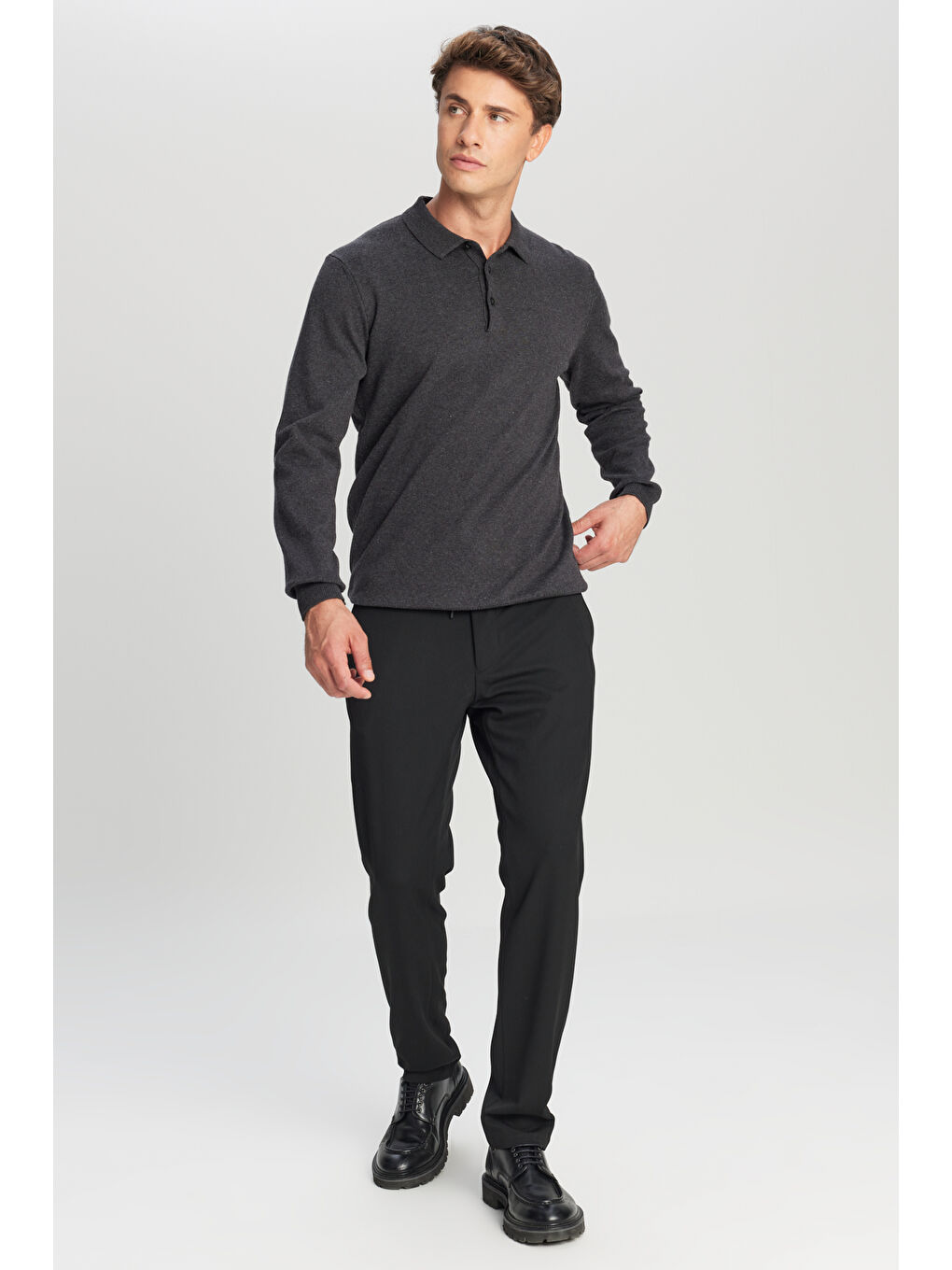 Erkek Antrasit-Melanj Pamuklu Standart Fit Normal Kesim Polo Yaka Triko Kazak-1