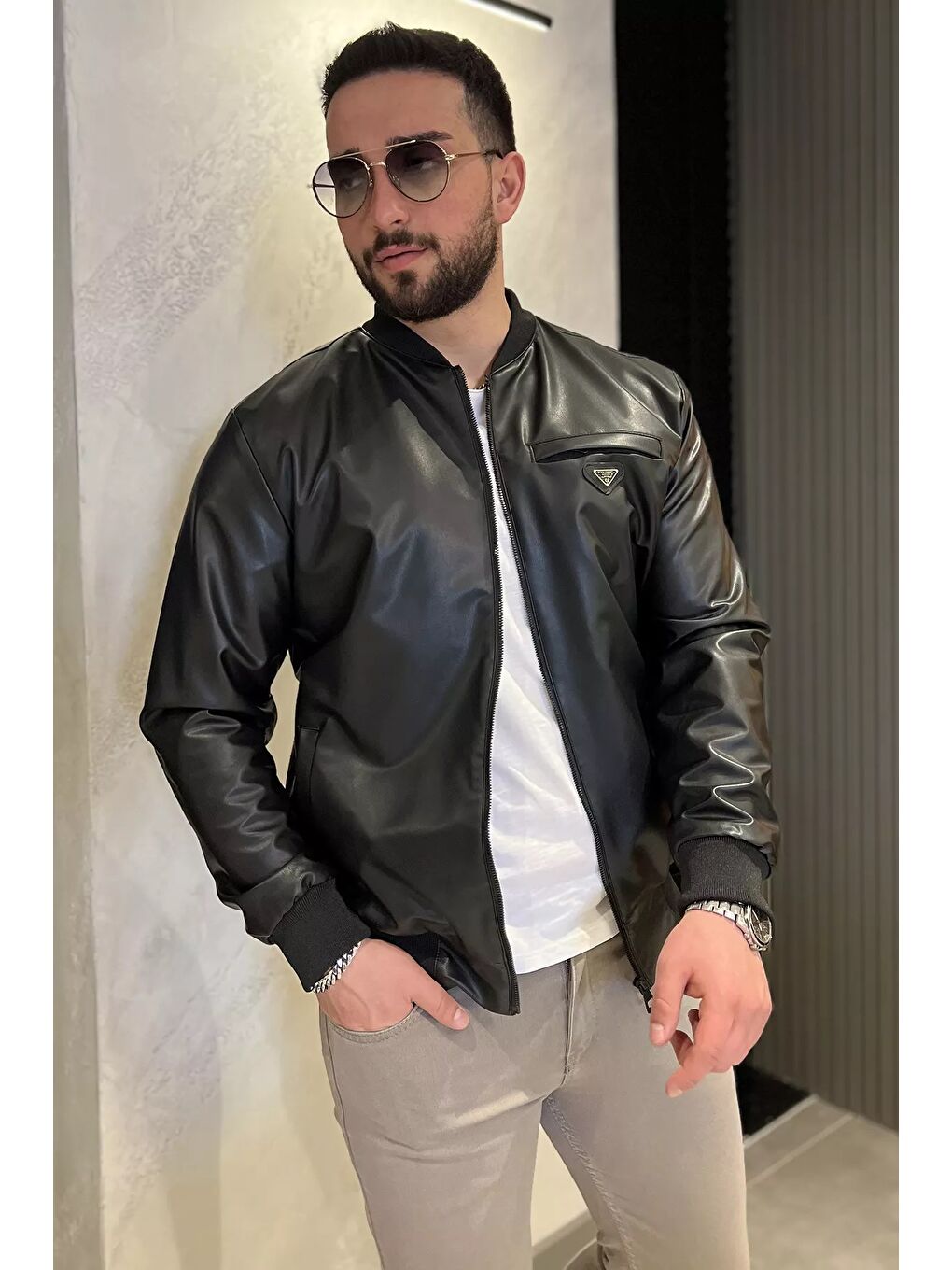 Siyah Erkek Astarlı Suni Deri Mevsimlik Mont