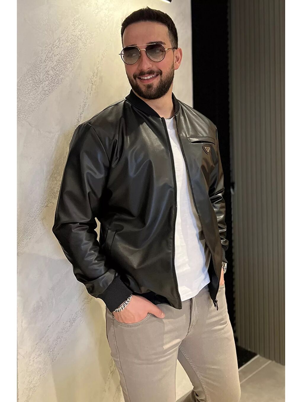 Siyah Erkek Astarlı Suni Deri Mevsimlik Mont-1