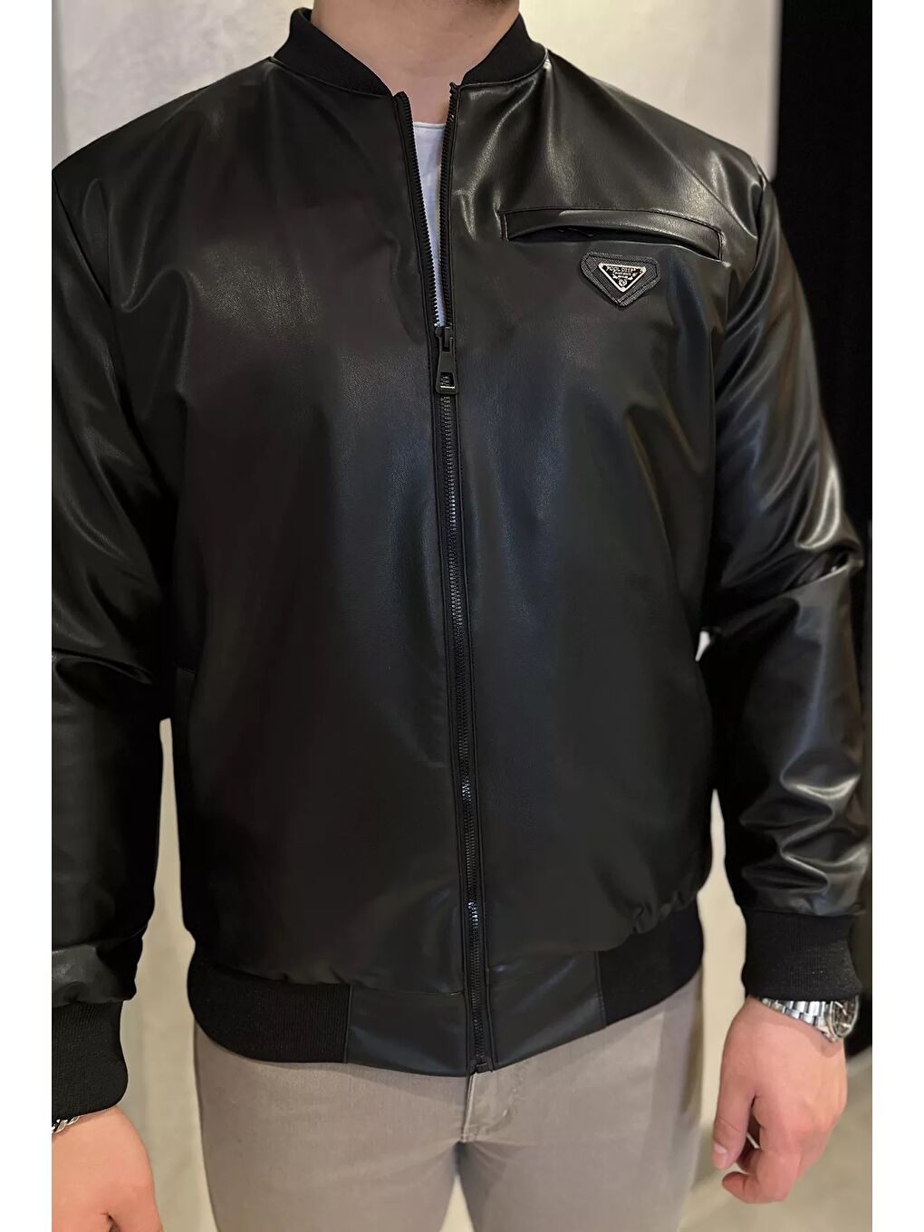 Siyah Erkek Astarlı Suni Deri Mevsimlik Mont-3