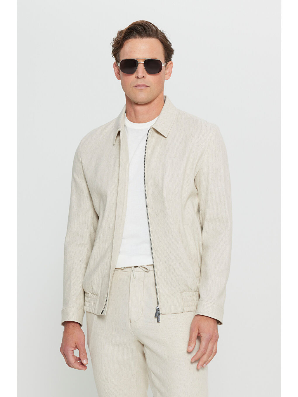 Erkek Bej Keten Standart Fit Normal Kesim Gömlek Yaka Bomber Ceket Mont