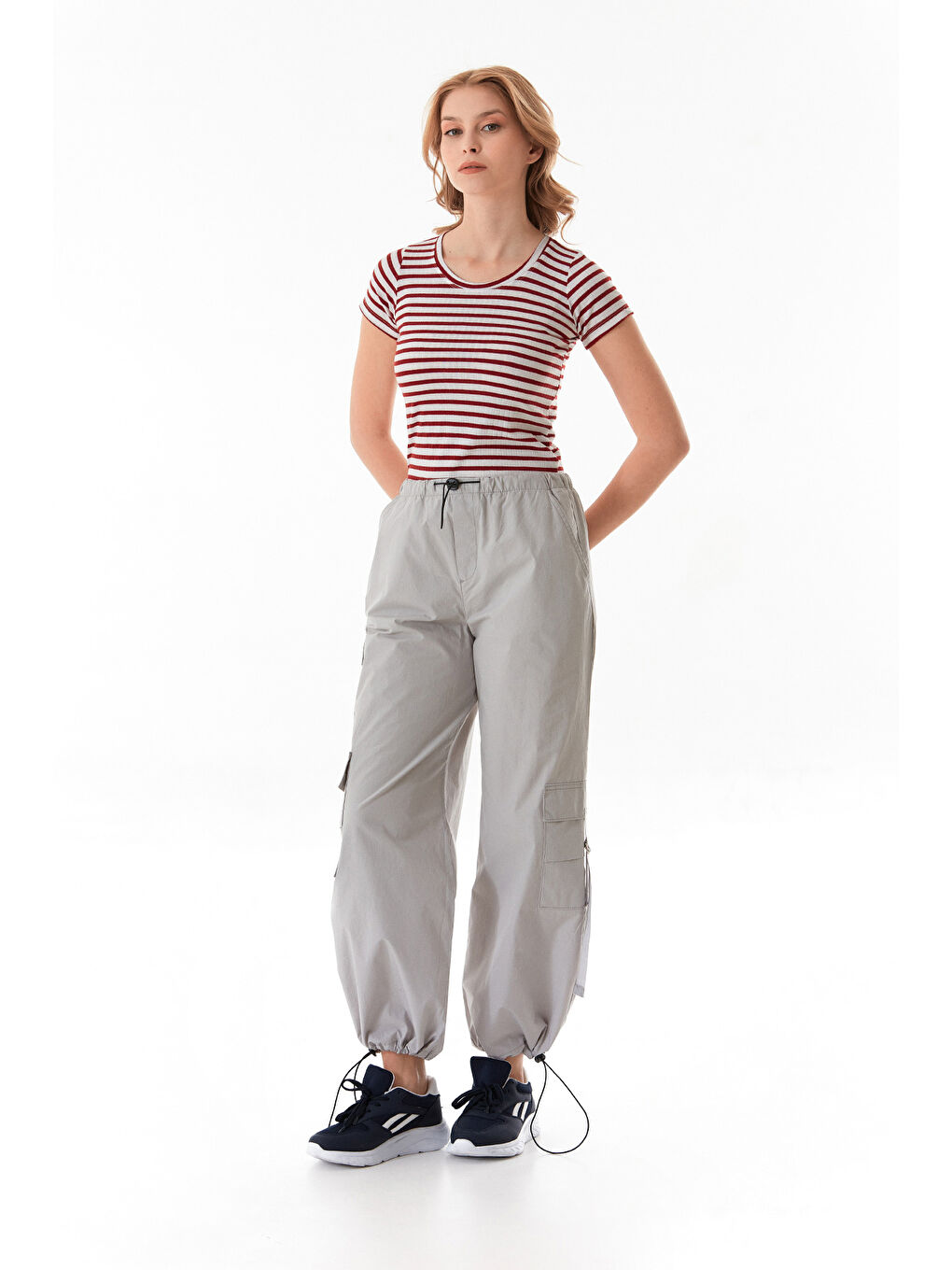 Gri Beli Lastikli Kargo Cepli Stoperli Paraşüt Kumaş Pantolon-4