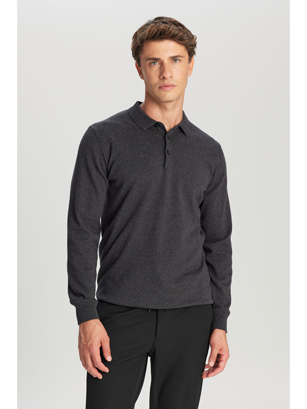 Erkek Antrasit-Melanj Pamuklu Standart Fit Normal Kesim Polo Yaka Triko Kazak-2